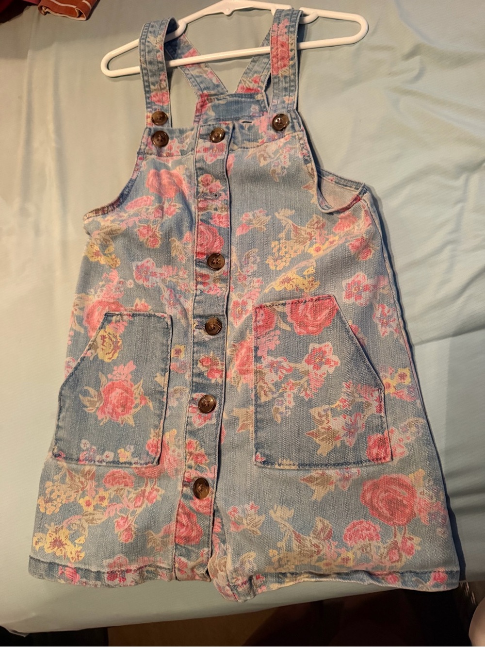 wonder nation Light Blue Denim Pinafore with Pink Floral Print